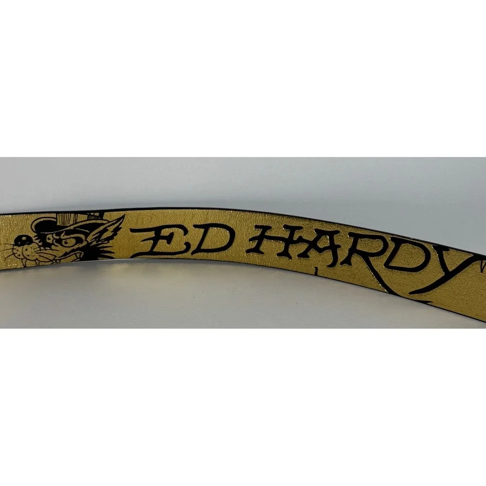 Ed Hardy Mens Gold Metallic Tattoo Print Belt Tiger Skull Snake Size 36 Y2K